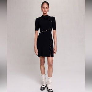 Maje Rellier Black Sweater Dress Gold Buttons